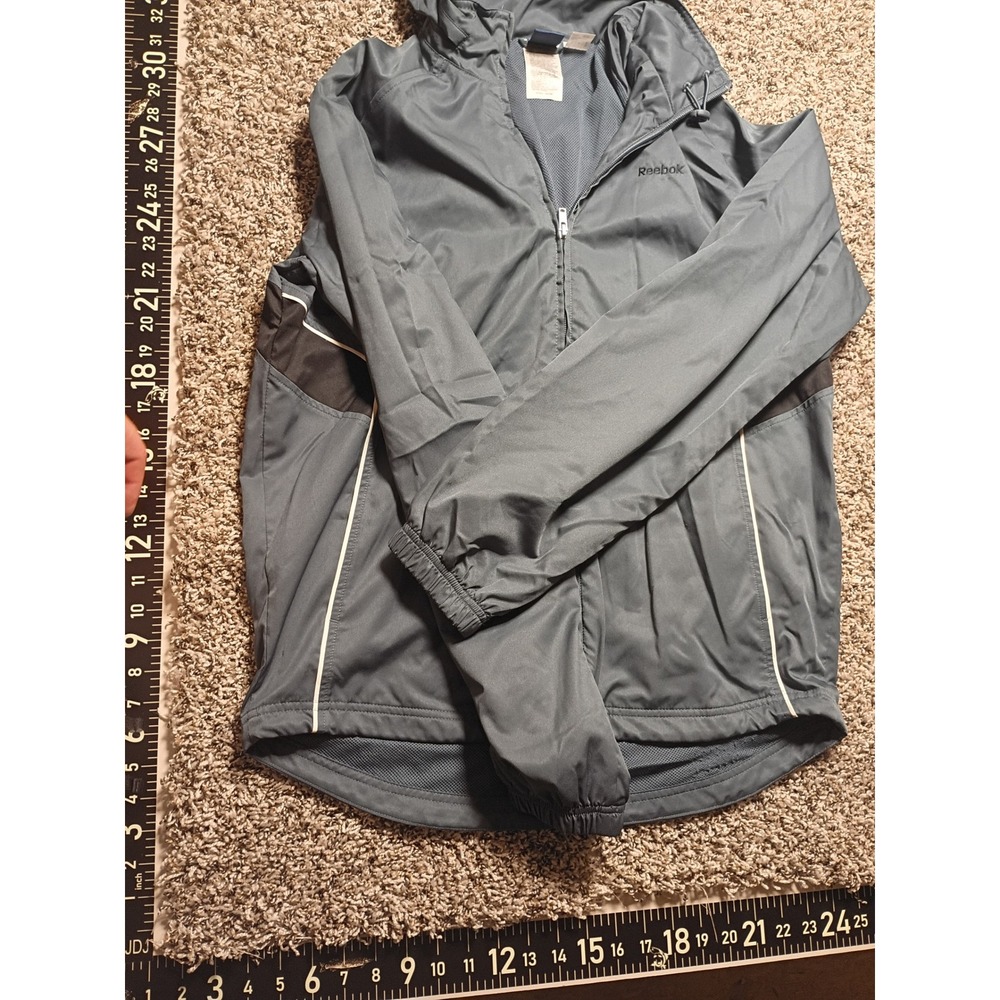 Reebok Mens Hooded Windbreaker Jacket Gray Mesh Lined Full Zip Size Medium